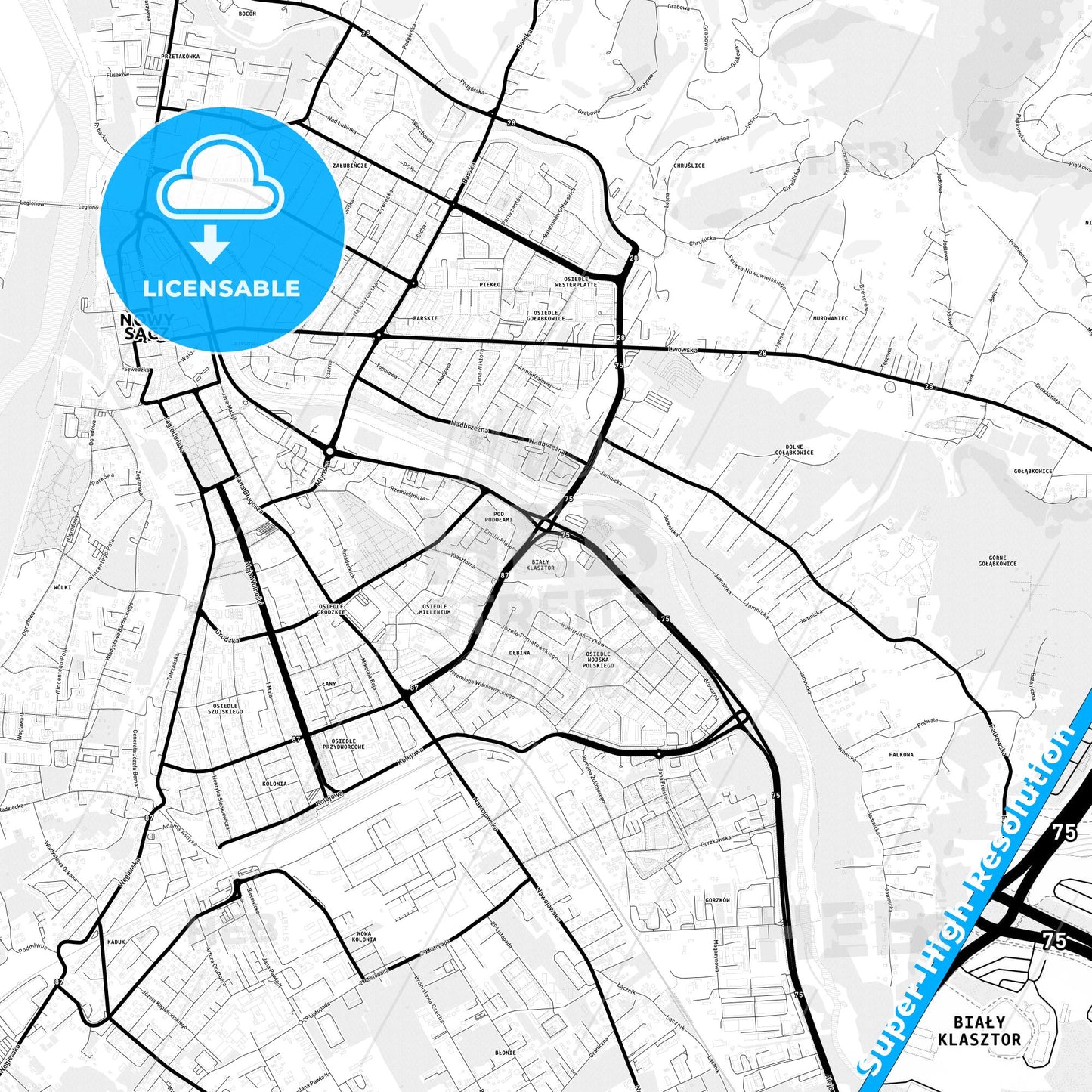 Nowy Sącz, Poland Light Map with Street Names, City Names, and Districts