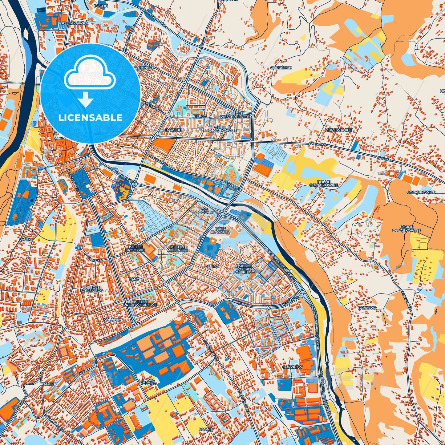 Colorful Nowy Sącz Street Map with Labels and Buildings