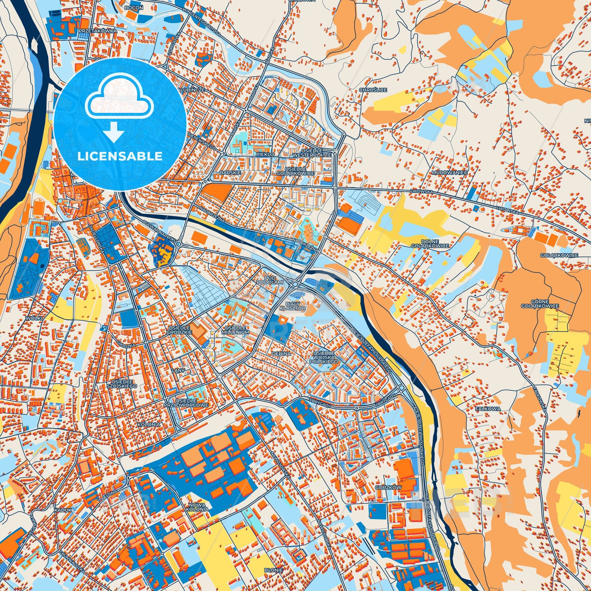 Colorful Nowy Sącz Street Map with Labels and Buildings