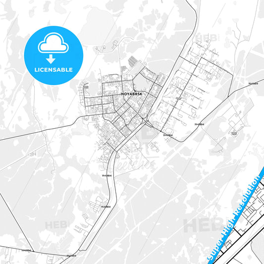 Noyabrsk, Russia light map with streetnames, citynames and districts