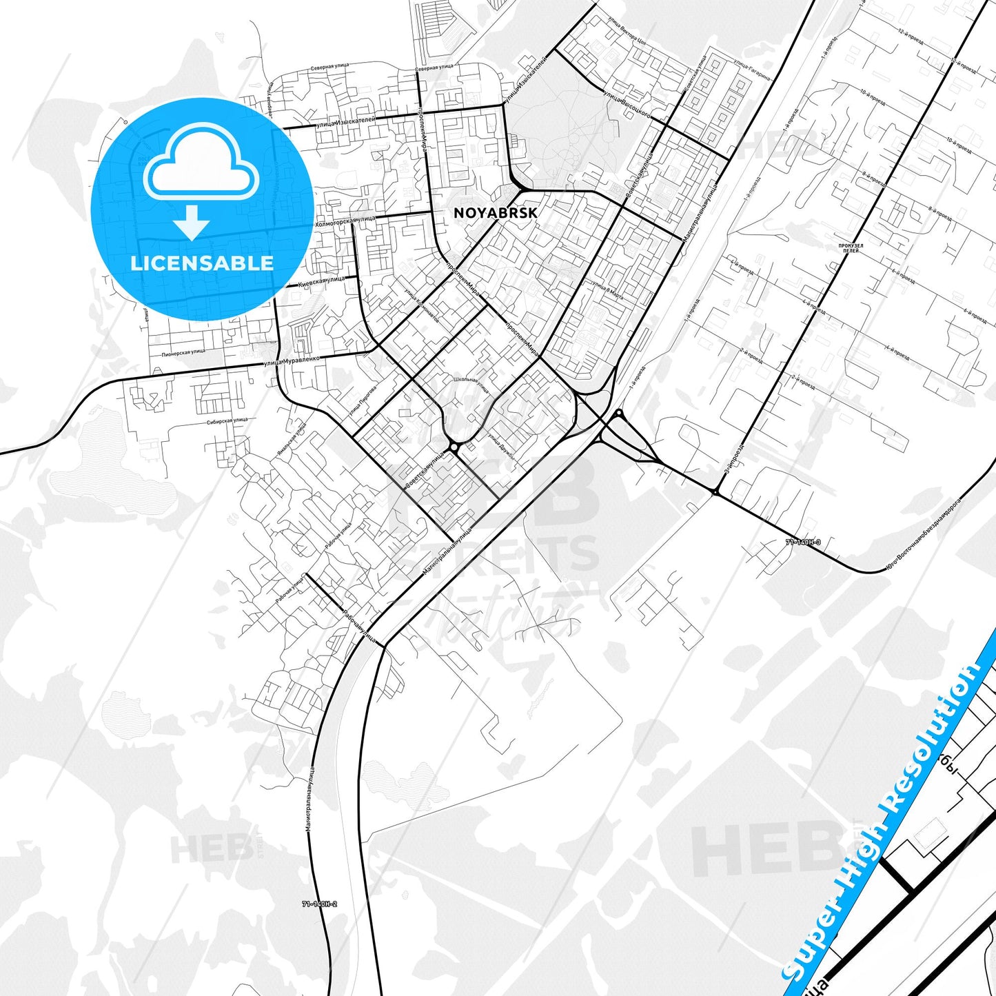 Noyabrsk, Russia Light Map with Street Names, City Names, and Districts