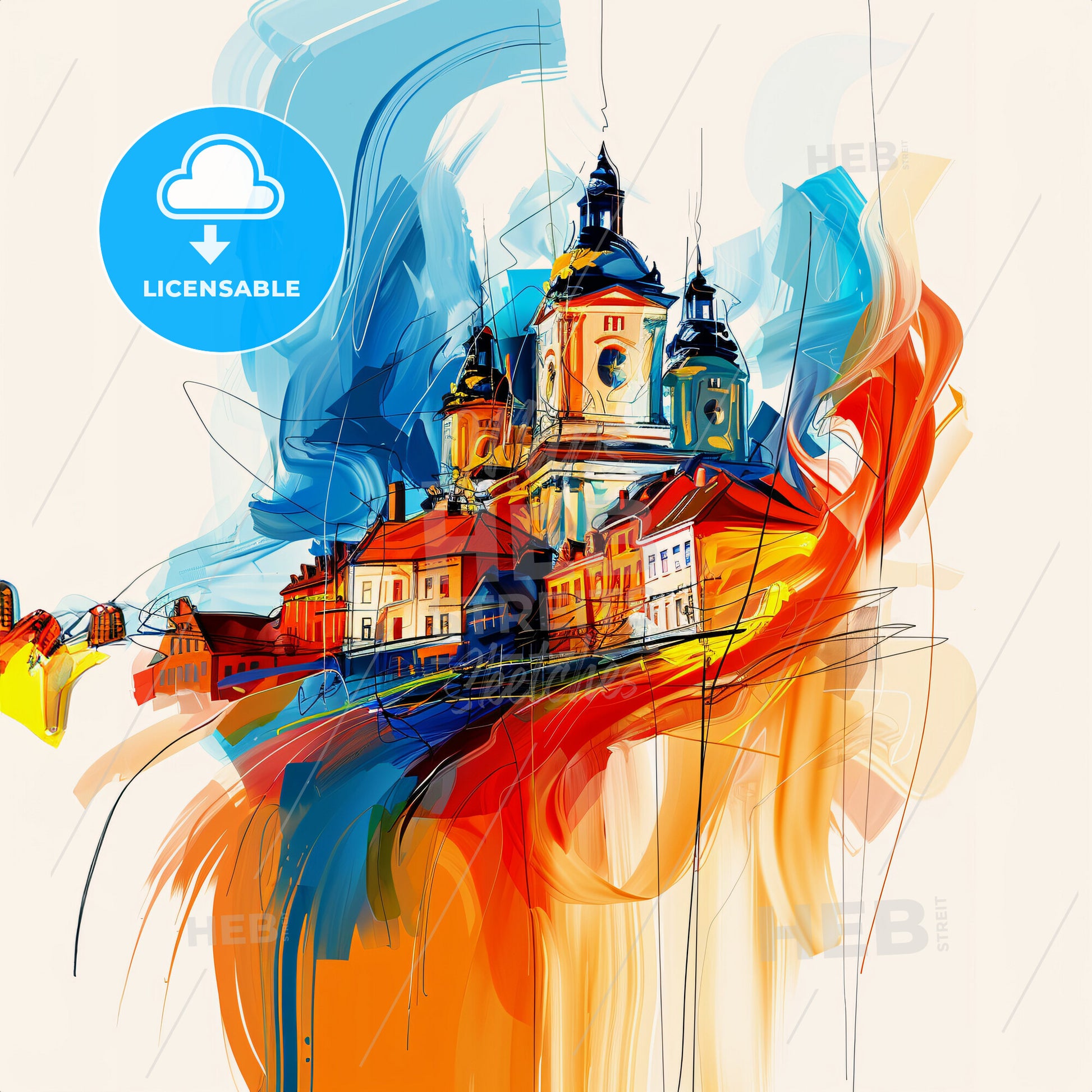 Vibrant Næstved, Denmark - A Painting Of A Building With A Tower And A Blue And Orange Paint