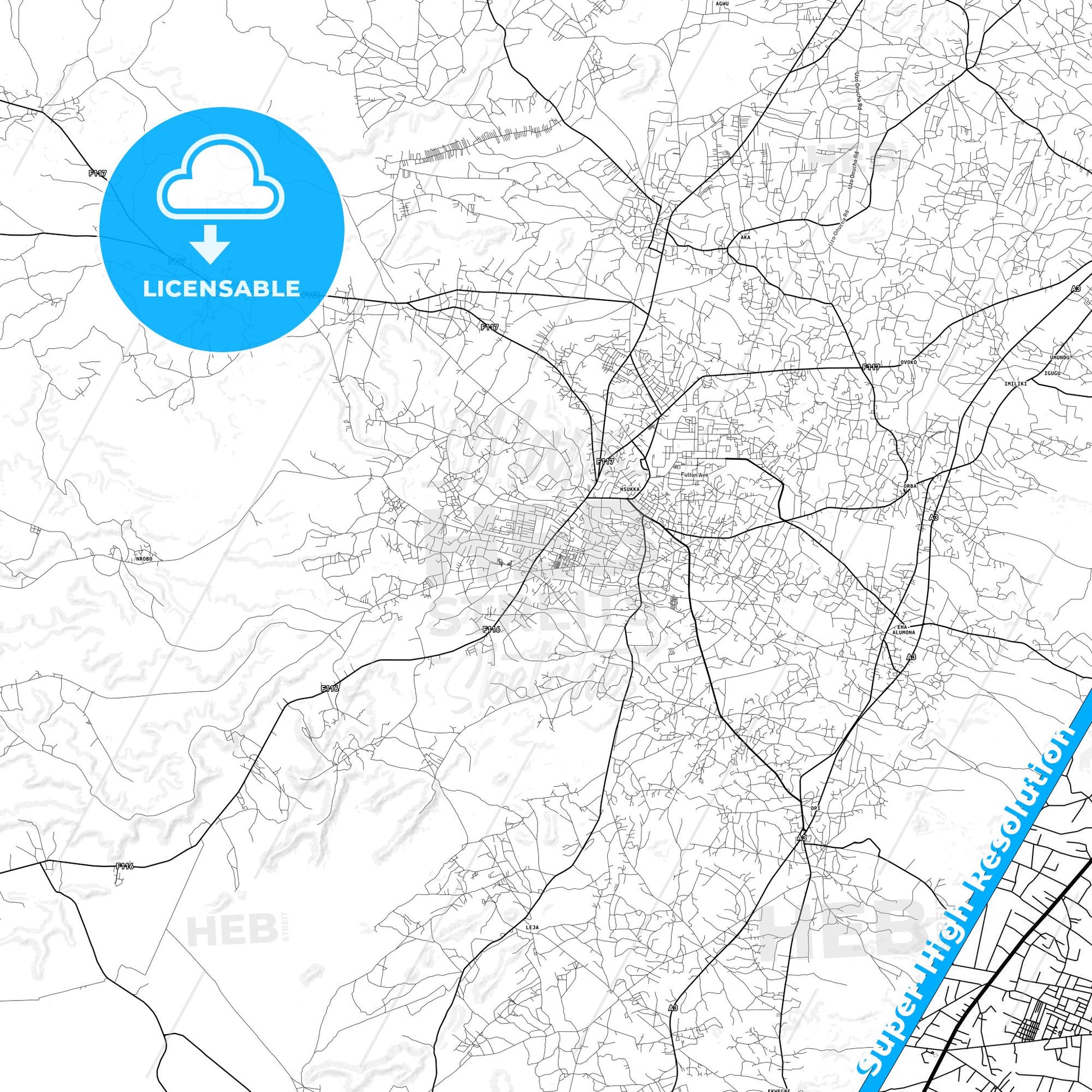 Nsukka, Nigeria light map with streetnames, citynames and districts