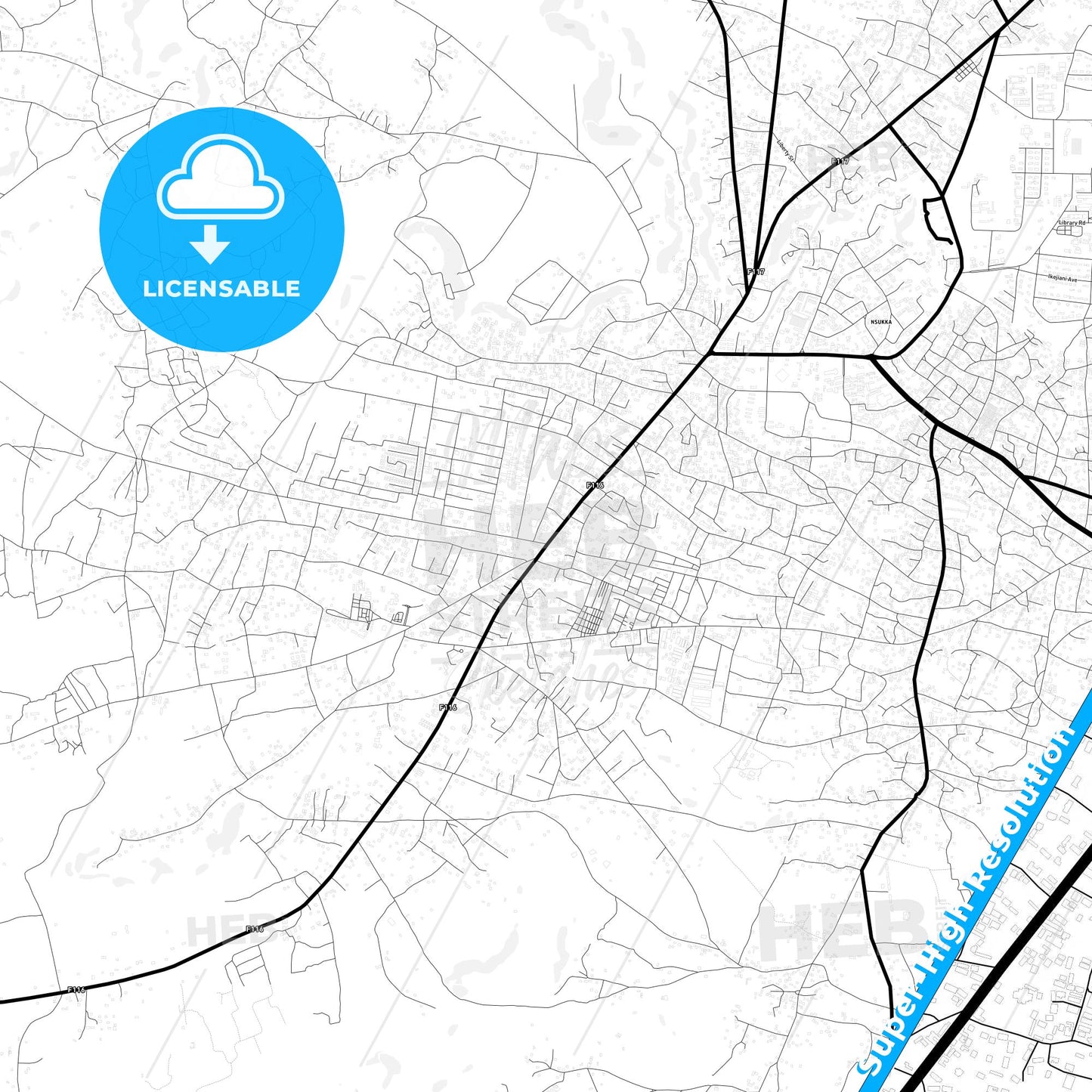 Nsukka, Nigeria Light Map with Street Names, City Names, and Districts