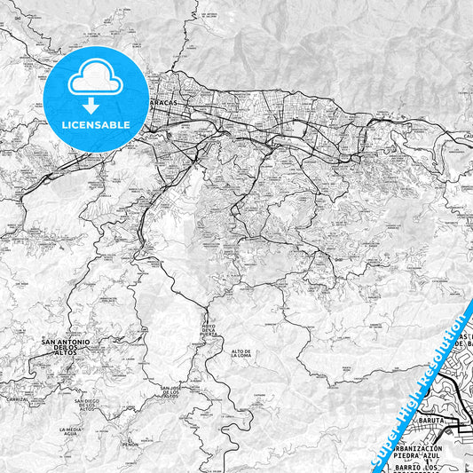 Nuestra Senora del Rosario de Baruta, Venezuela light map with streetnames, citynames and districts