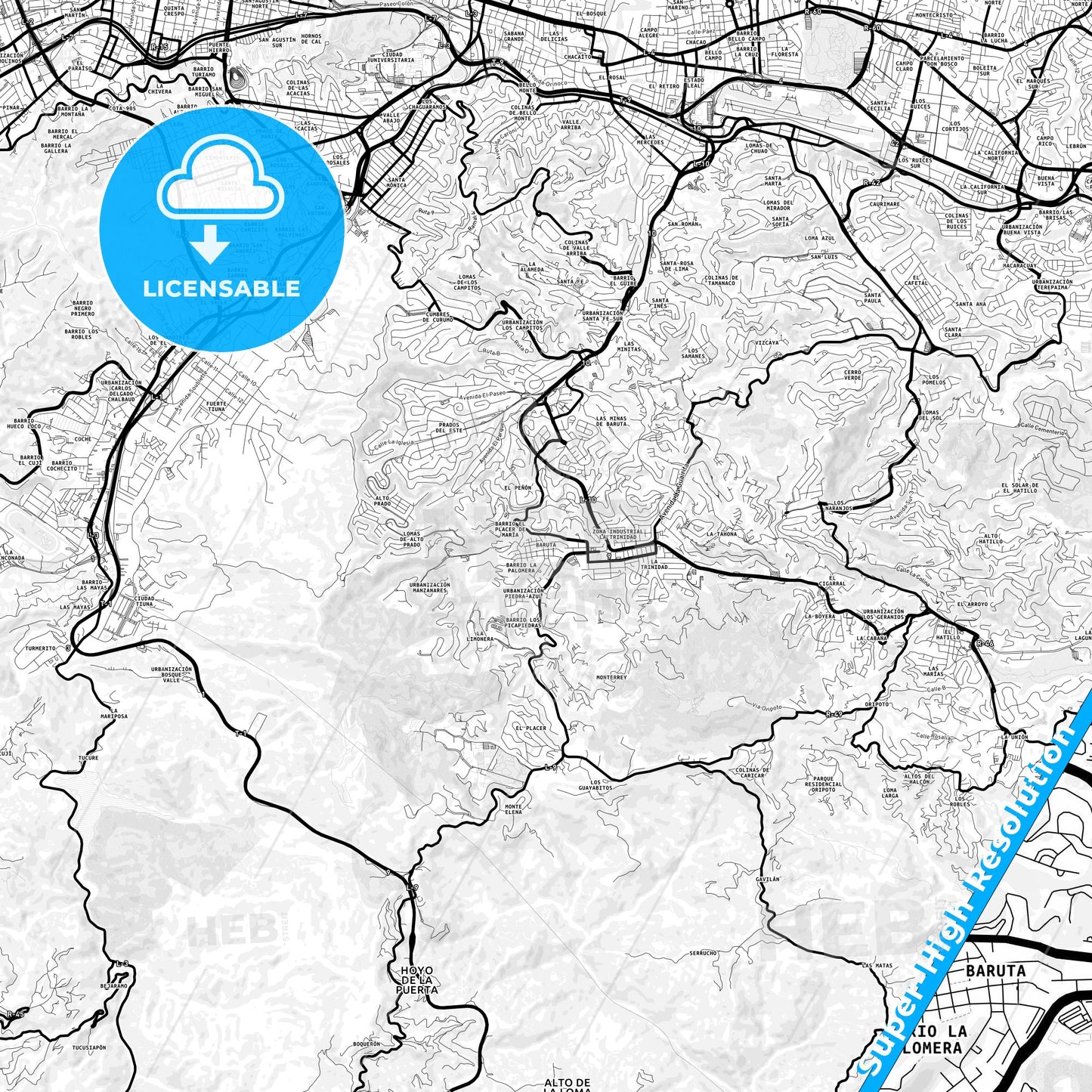 Nuestra Senora del Rosario de Baruta, Venezuela Light Map with Street Names, City Names, and Districts