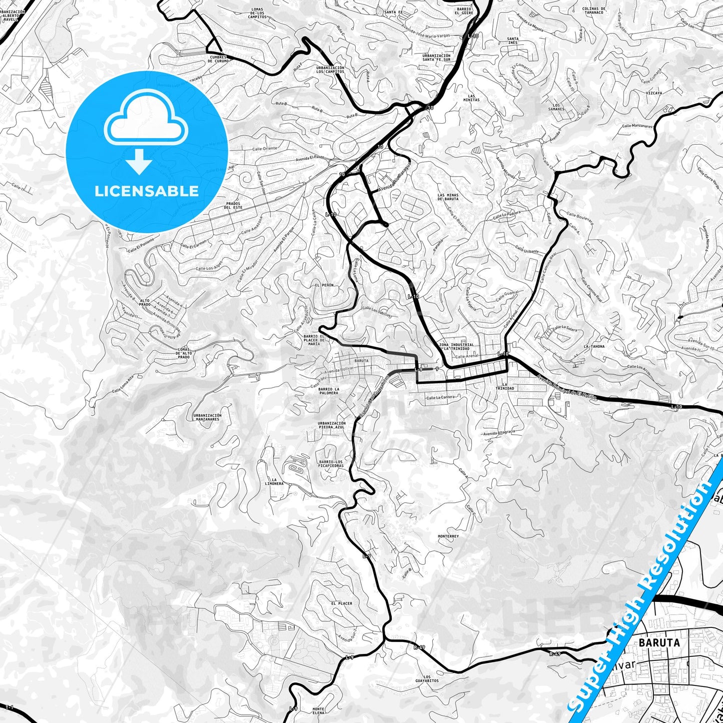 Nuestra Senora del Rosario de Baruta, Venezuela Light Map with Street Names, City Names, and Districts