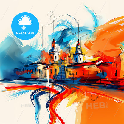 Vibrant Nuevo Laredo, Mexico - A Painting Of A Building With Towers And A Road