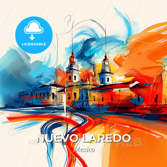 Vibrant Nuevo Laredo, Mexico - A Painting Of A Building With Towers And A Road - Square format print template