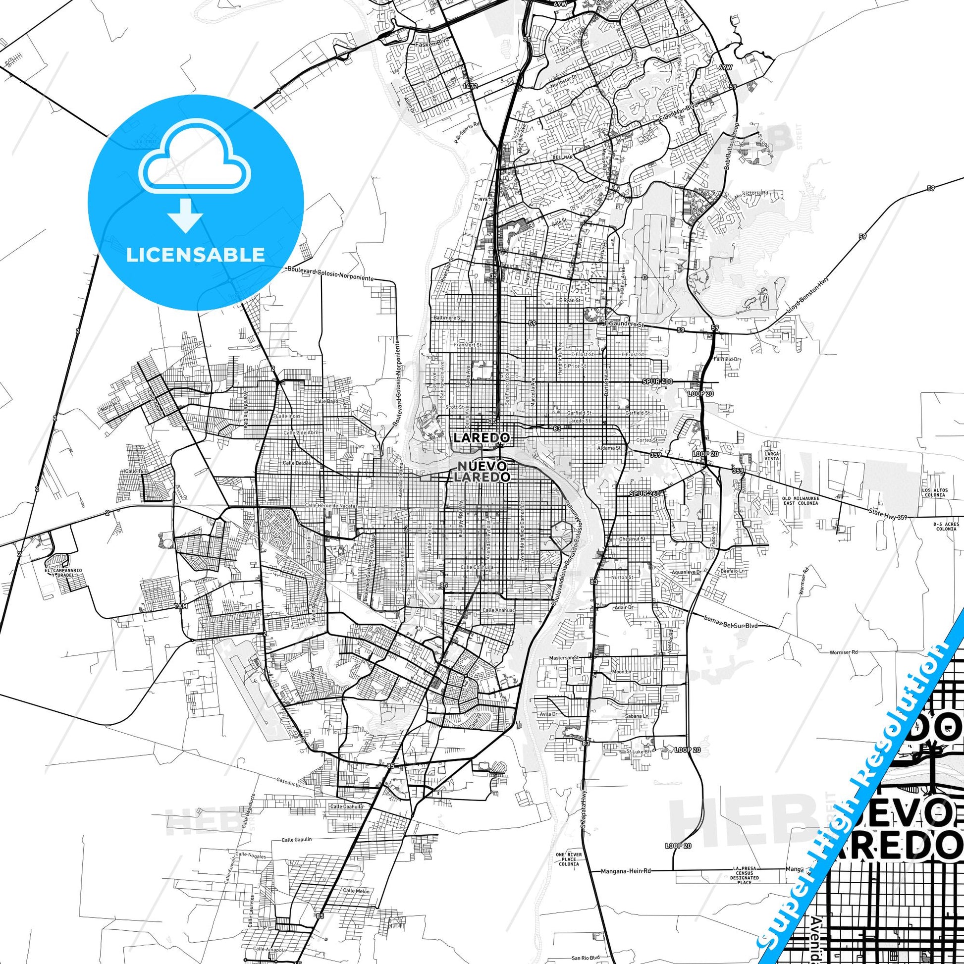 Nuevo Laredo, Mexico light map with streetnames, citynames and districts