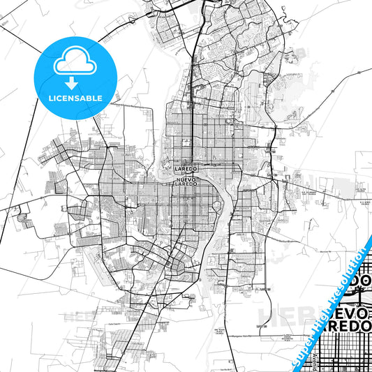 Nuevo Laredo, Mexico light map with streetnames, citynames and districts