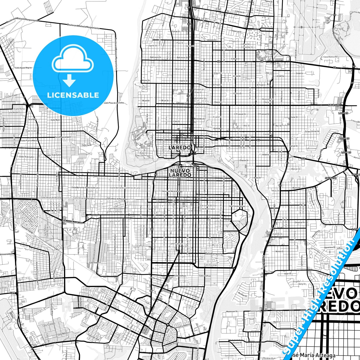 Nuevo Laredo, Mexico Light Map with Street Names, City Names, and Districts