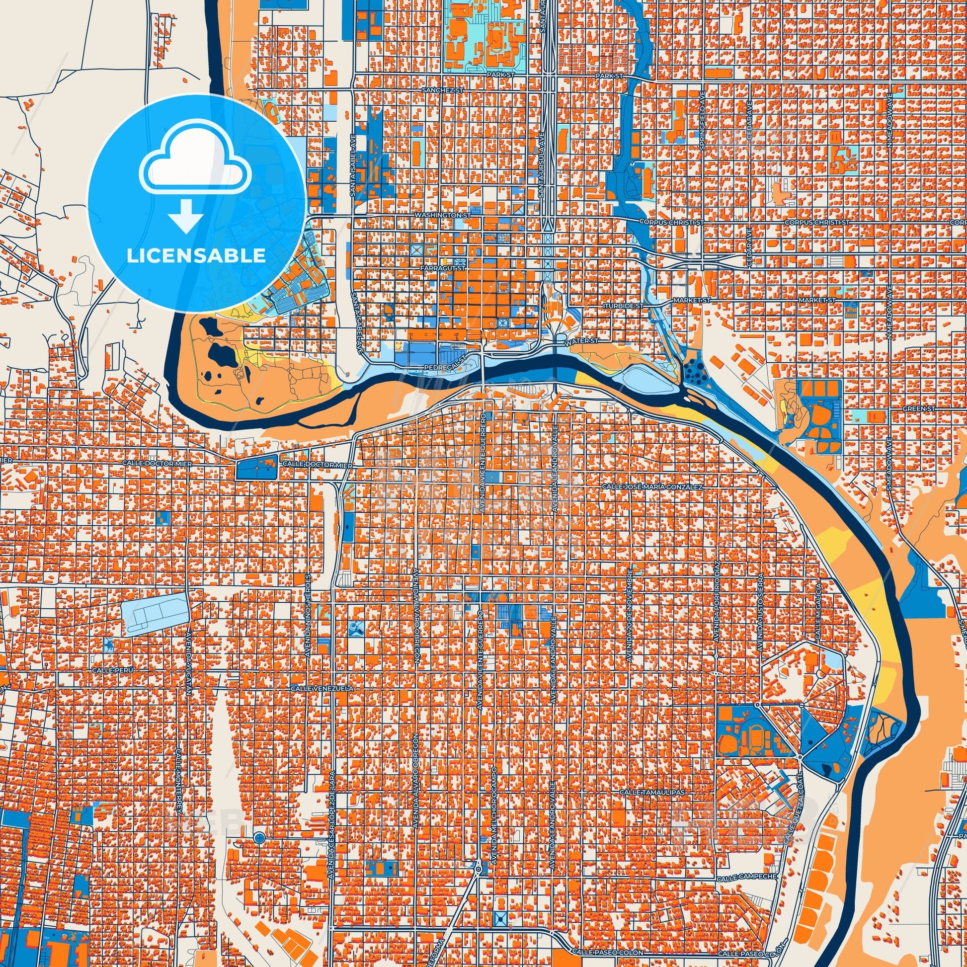 Colorful Nuevo Laredo Street Map with Labels and Buildings