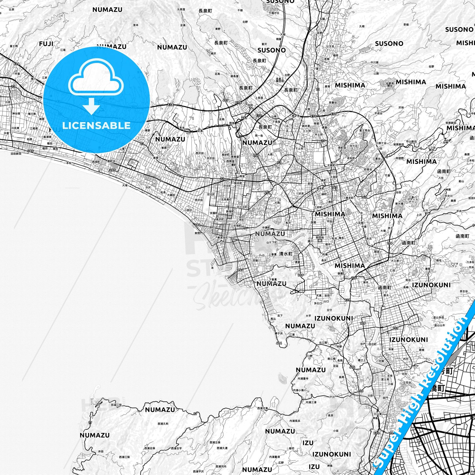 Numazu, Japan light map with streetnames, citynames and districts