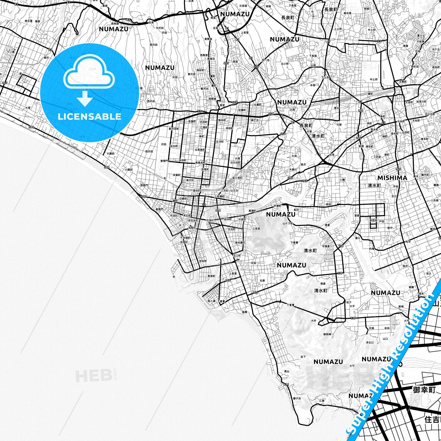 Numazu, Japan Light Map with Street Names, City Names, and Districts