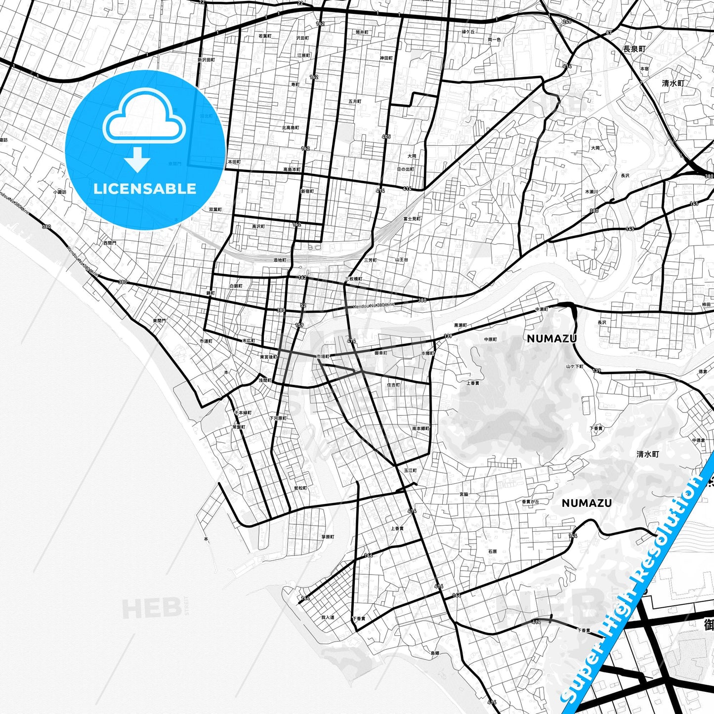 Numazu, Japan Light Map with Street Names, City Names, and Districts