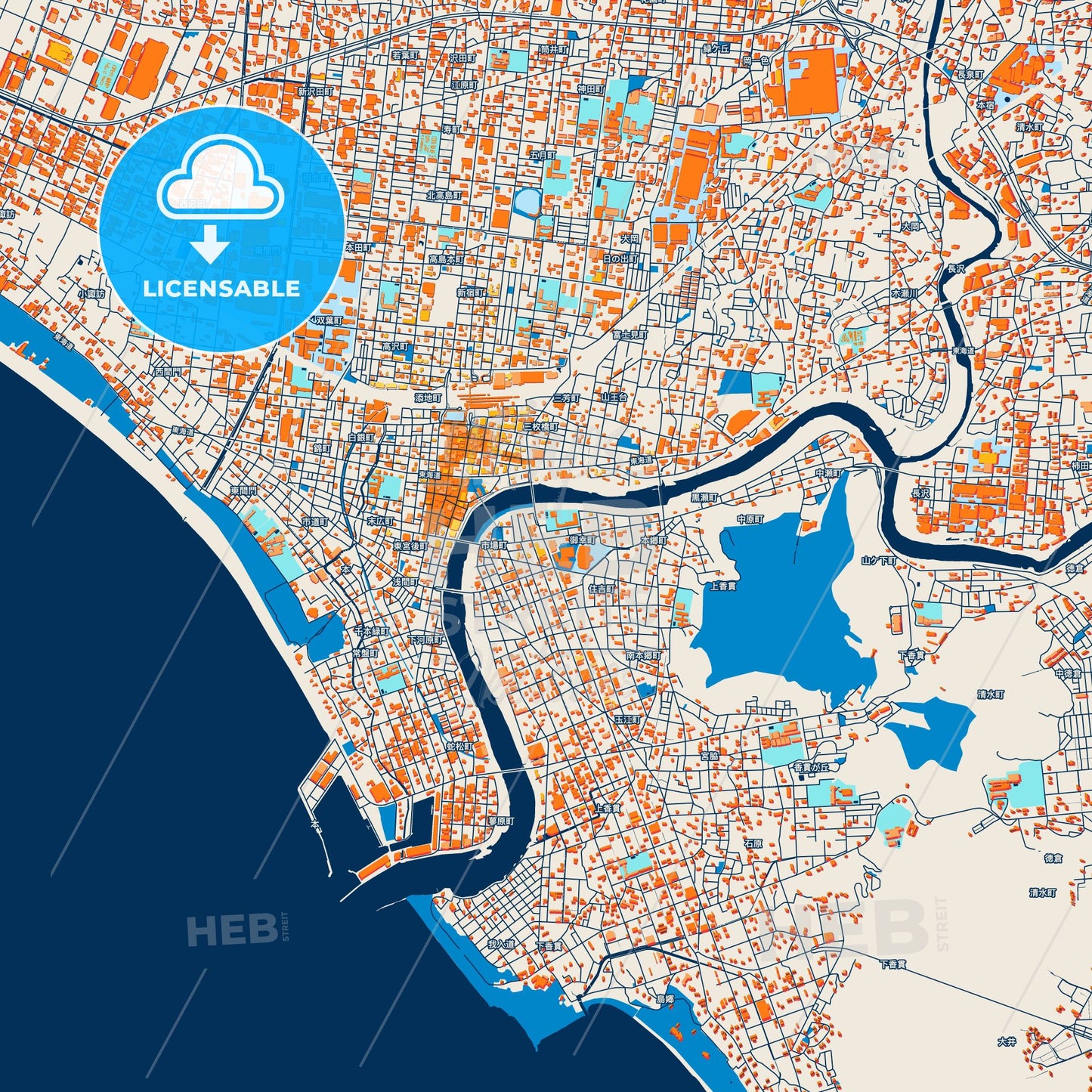 Colorful Numazu Street Map with Labels and Buildings