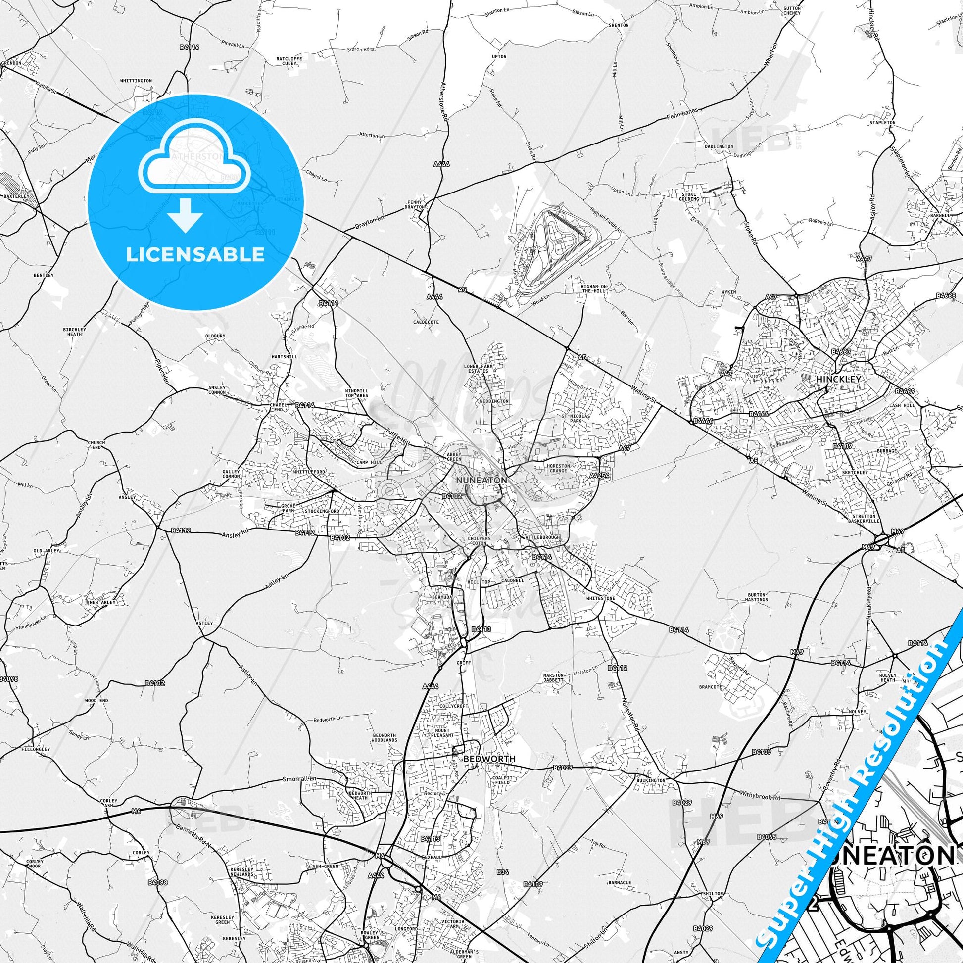 Nuneaton, England light map with streetnames, citynames and districts