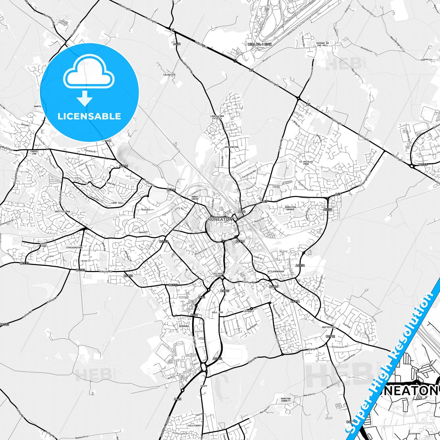 Nuneaton, England Light Map with Street Names, City Names, and Districts