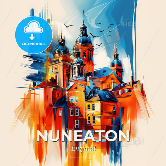 Vibrant Nuneaton, England - A Painting Of A Building With A Tower And Birds Flying - Square format print template