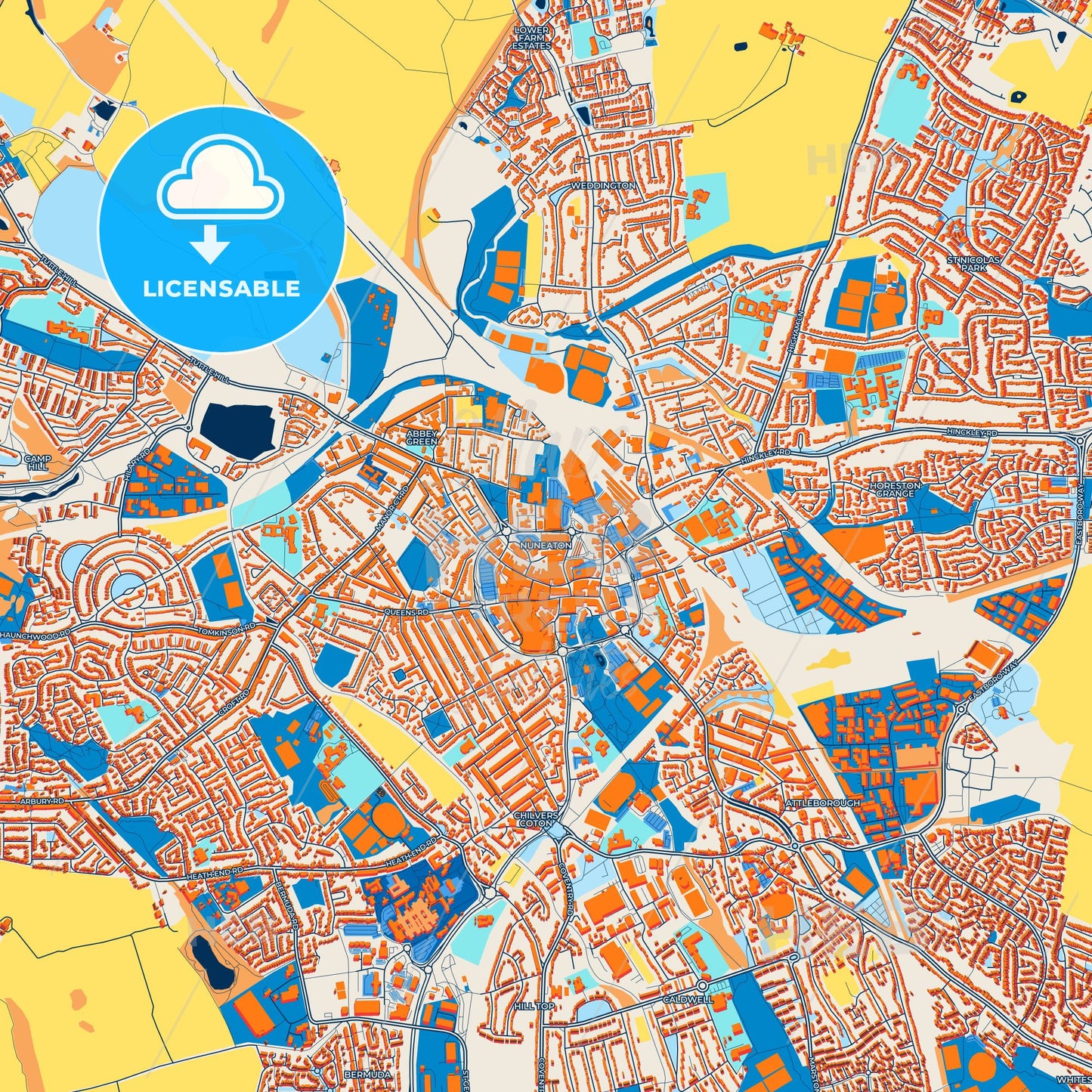 Colorful Nuneaton Street Map with Labels and Buildings