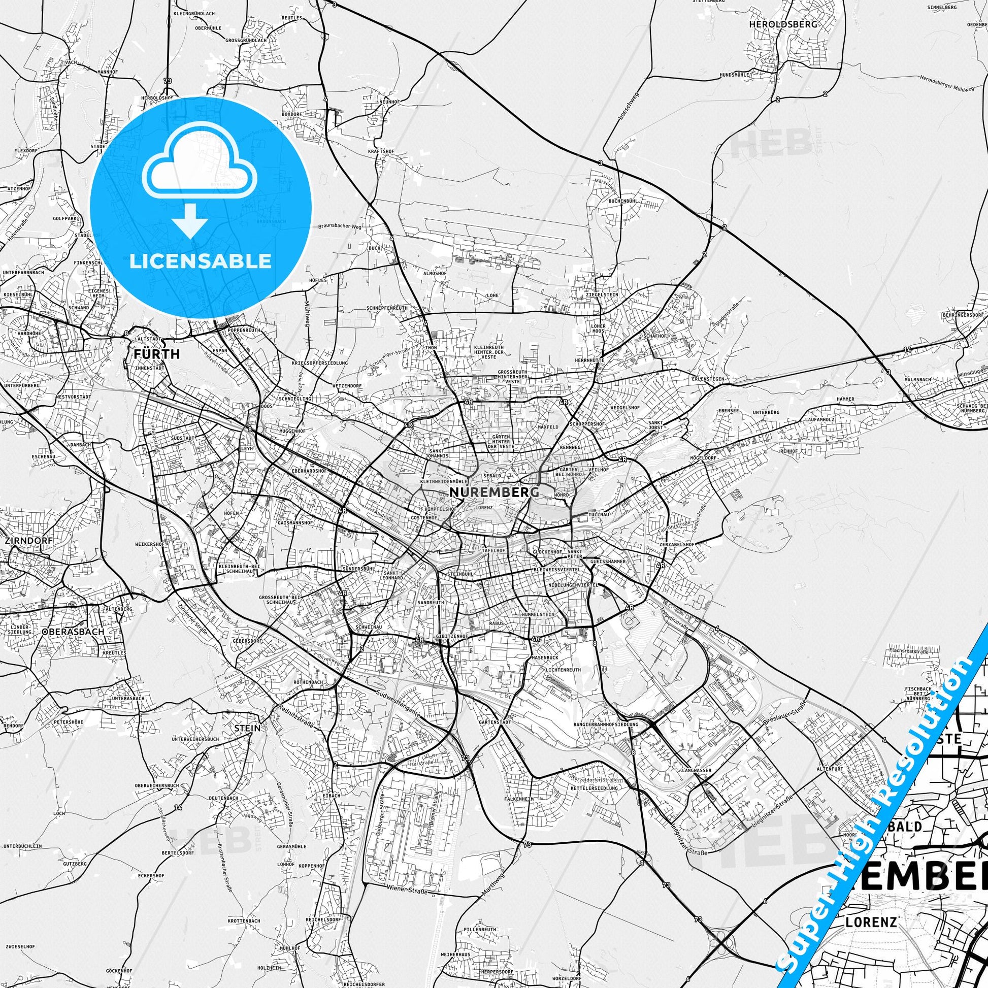 Nurnberg, Germany light map with streetnames, citynames and districts