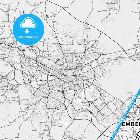 Nurnberg, Germany light map with streetnames, citynames and districts