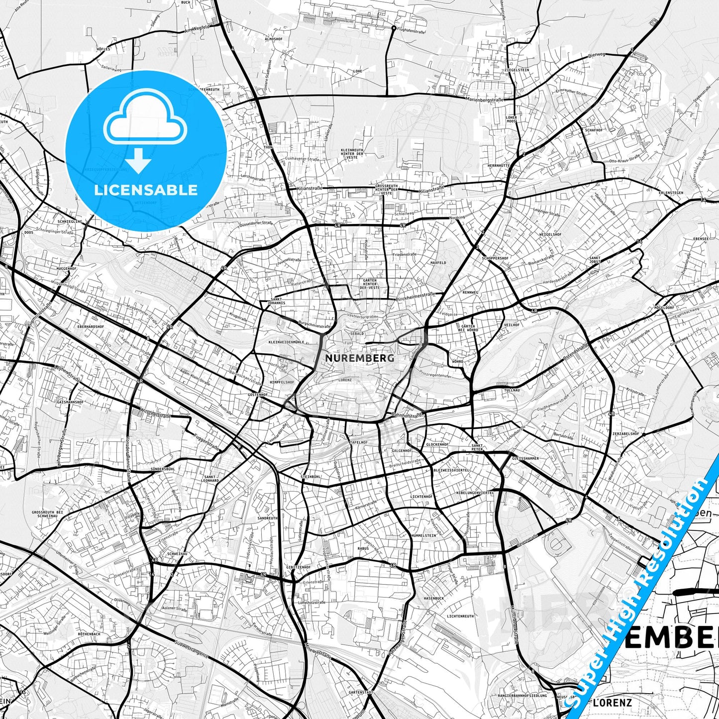Nurnberg, Germany Light Map with Street Names, City Names, and Districts
