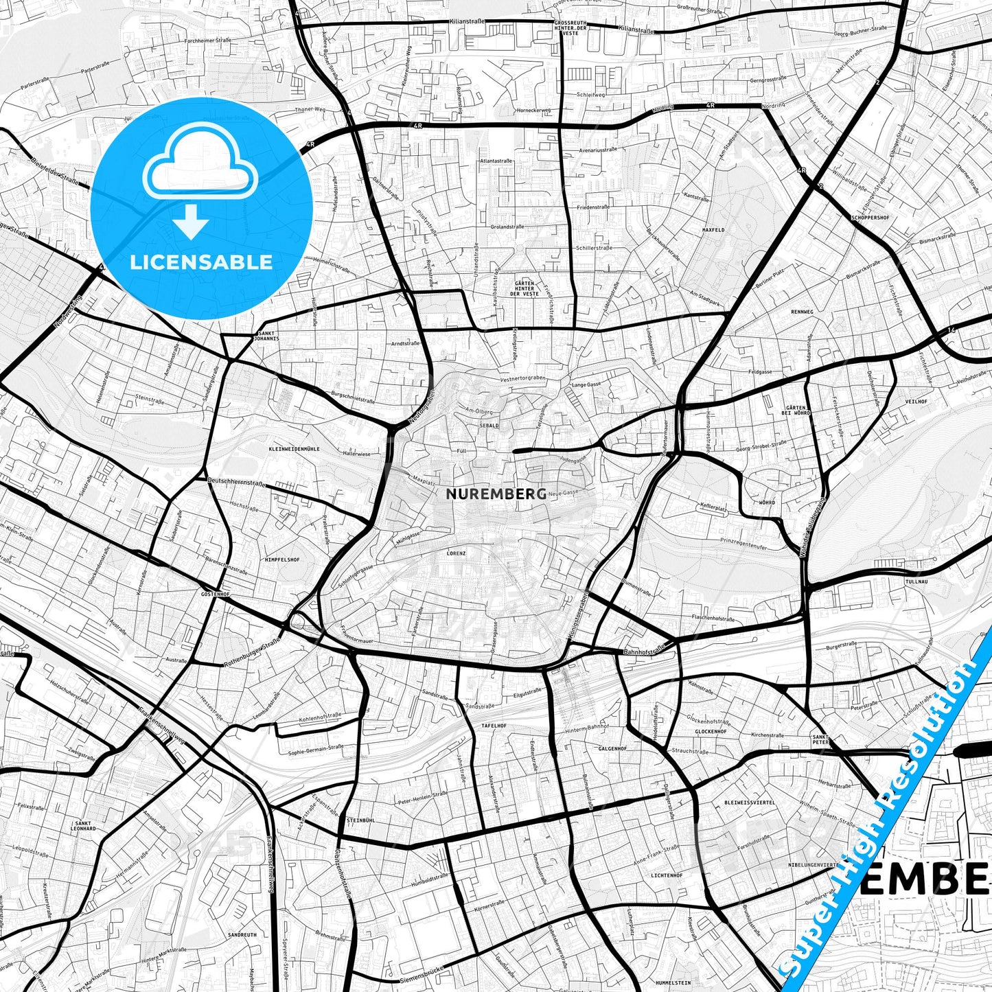 Nurnberg, Germany Light Map with Street Names, City Names, and Districts