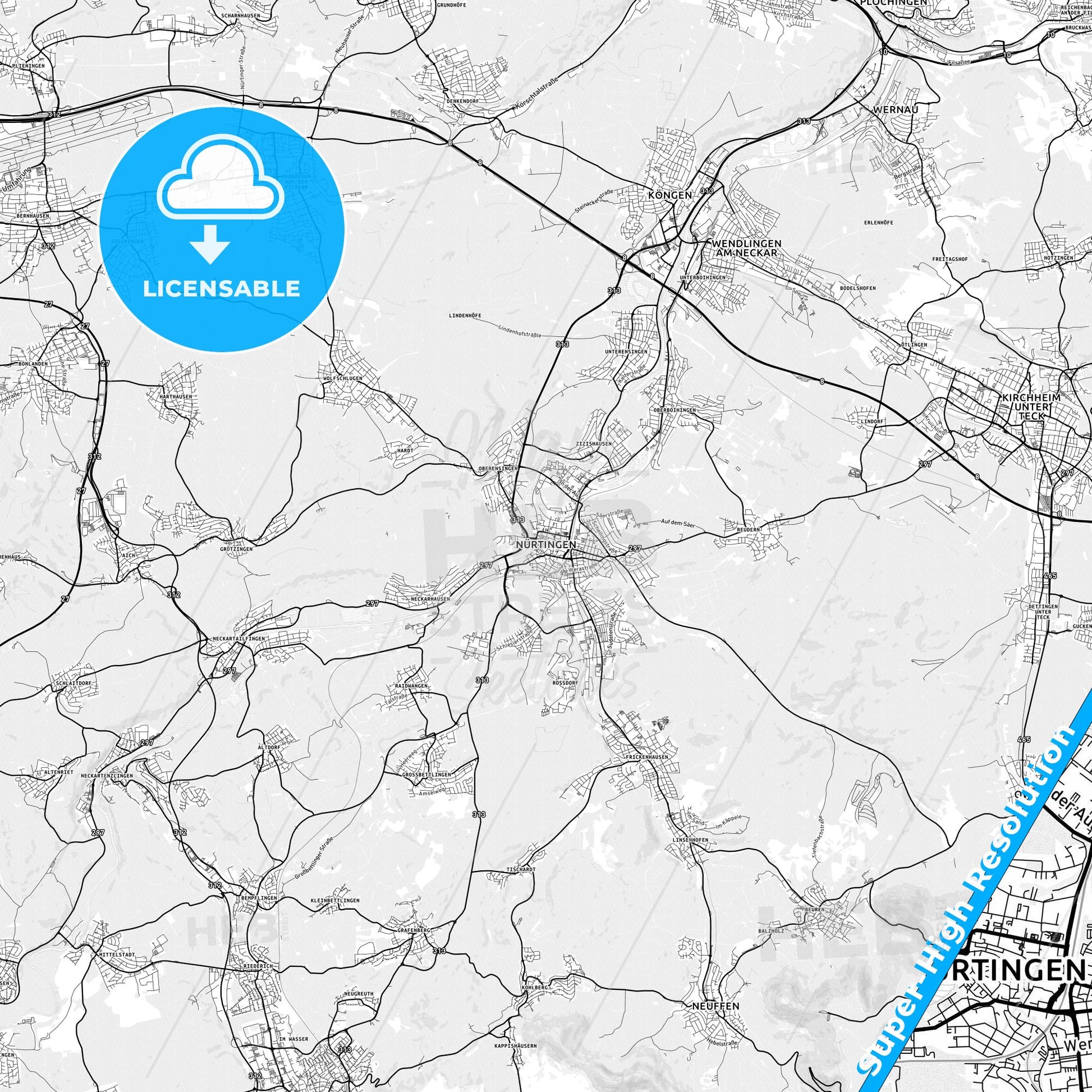 Nurtingen, Germany light map with streetnames, citynames and districts