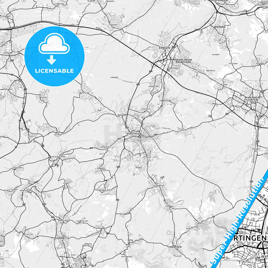 Nurtingen, Germany light map with streetnames, citynames and districts