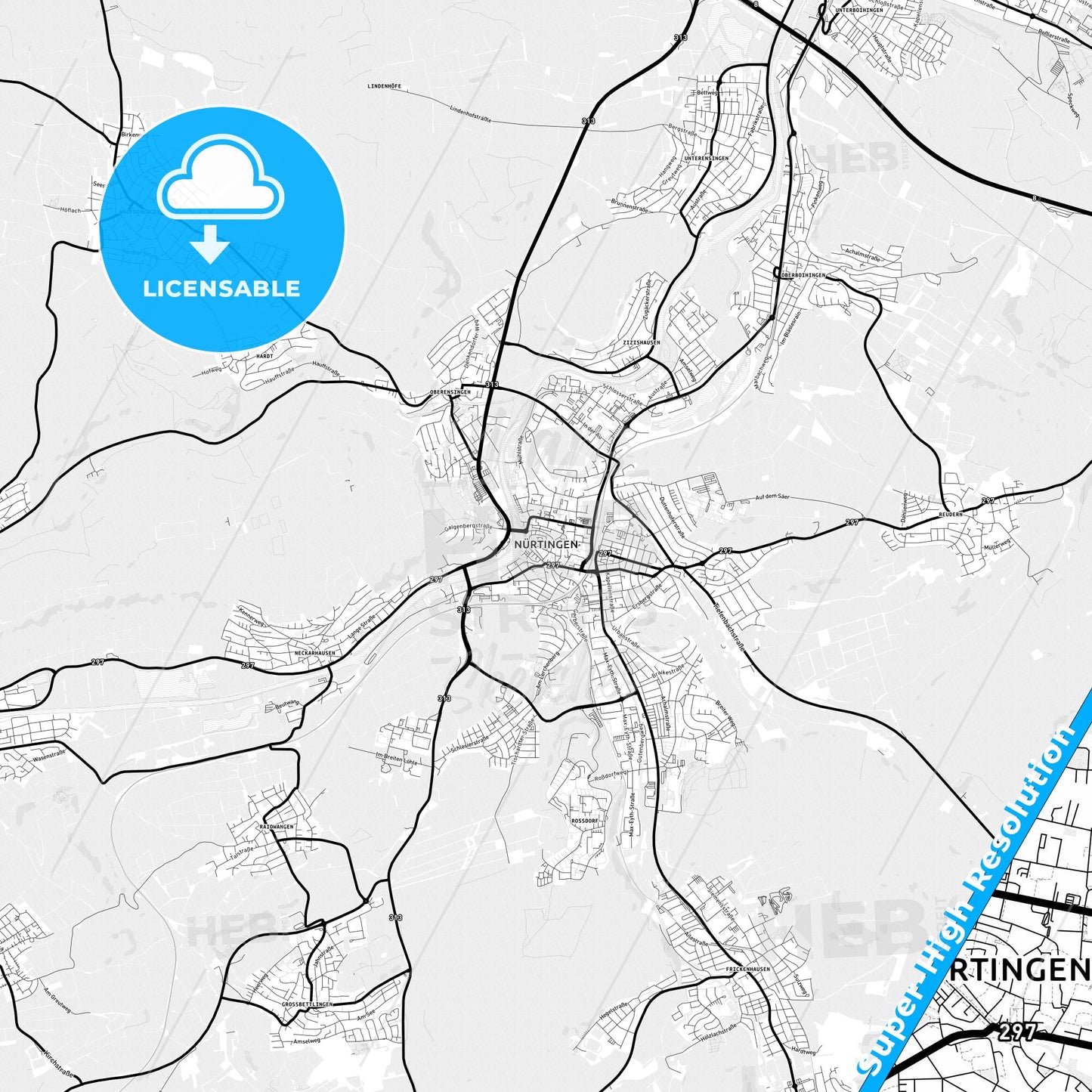 Nurtingen, Germany Light Map with Street Names, City Names, and Districts
