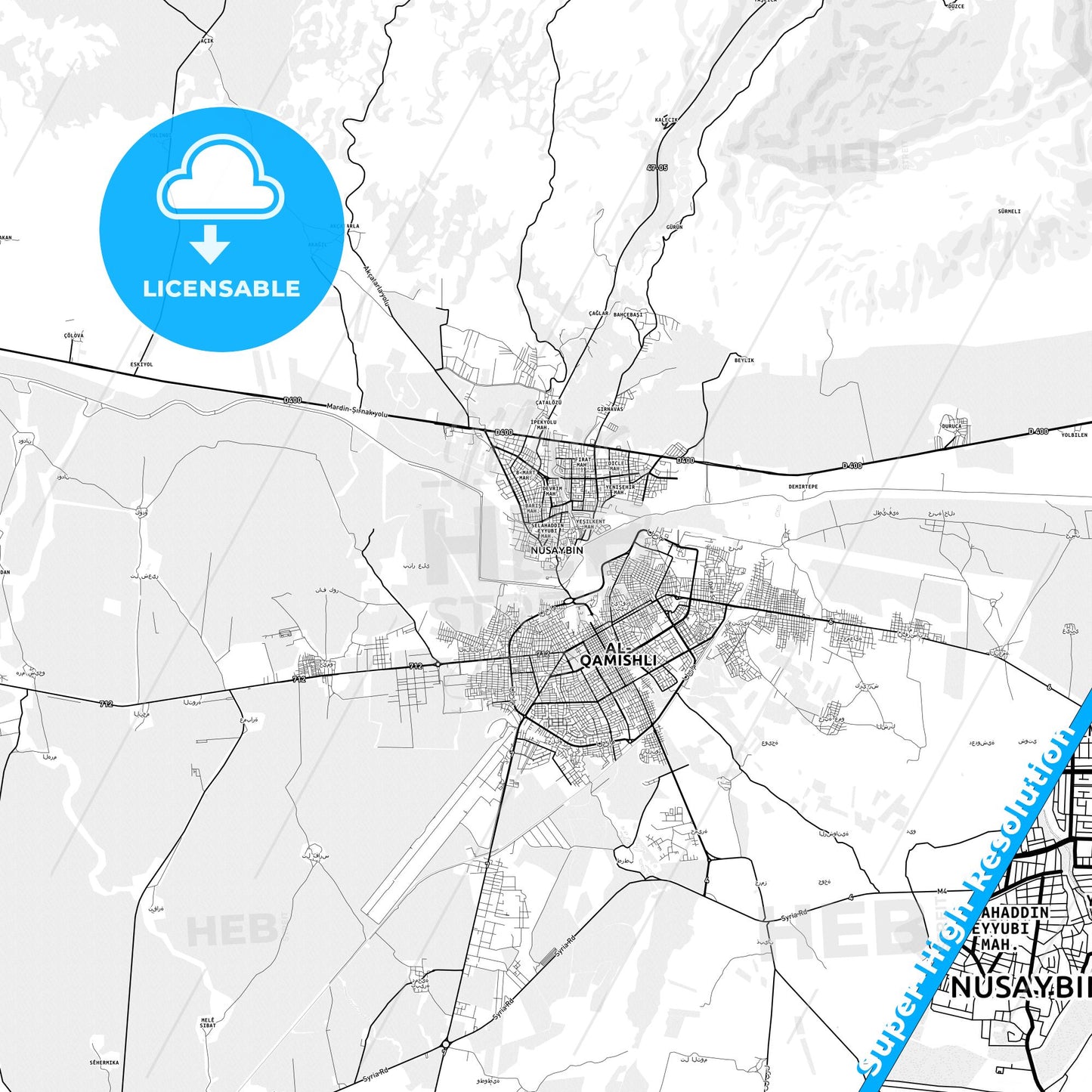 Nusaybin, Turkey light map with streetnames, citynames and districts
