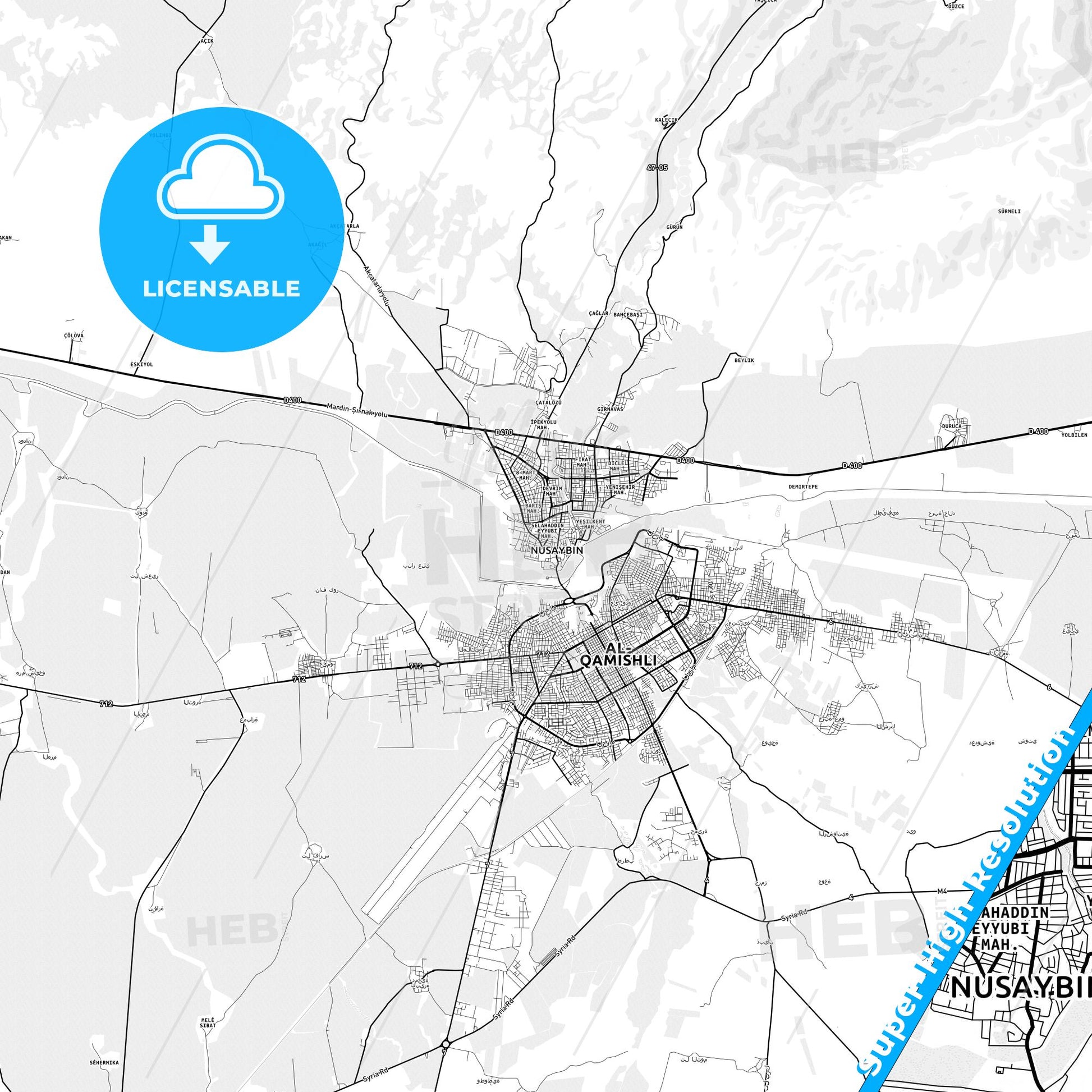 Nusaybin, Turkey light map with streetnames, citynames and districts
