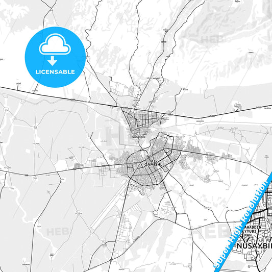 Nusaybin, Turkey light map with streetnames, citynames and districts