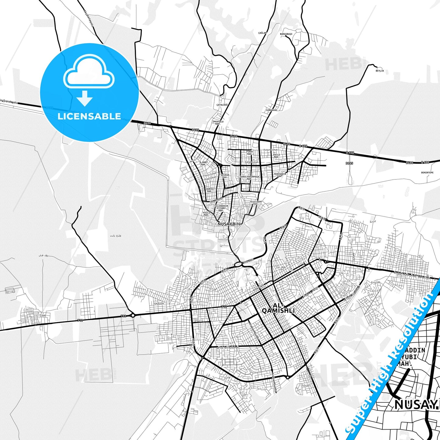 Nusaybin, Turkey Light Map with Street Names, City Names, and Districts