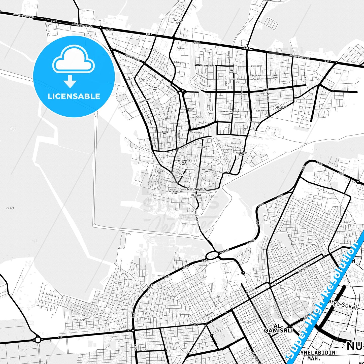 Nusaybin, Turkey Light Map with Street Names, City Names, and Districts