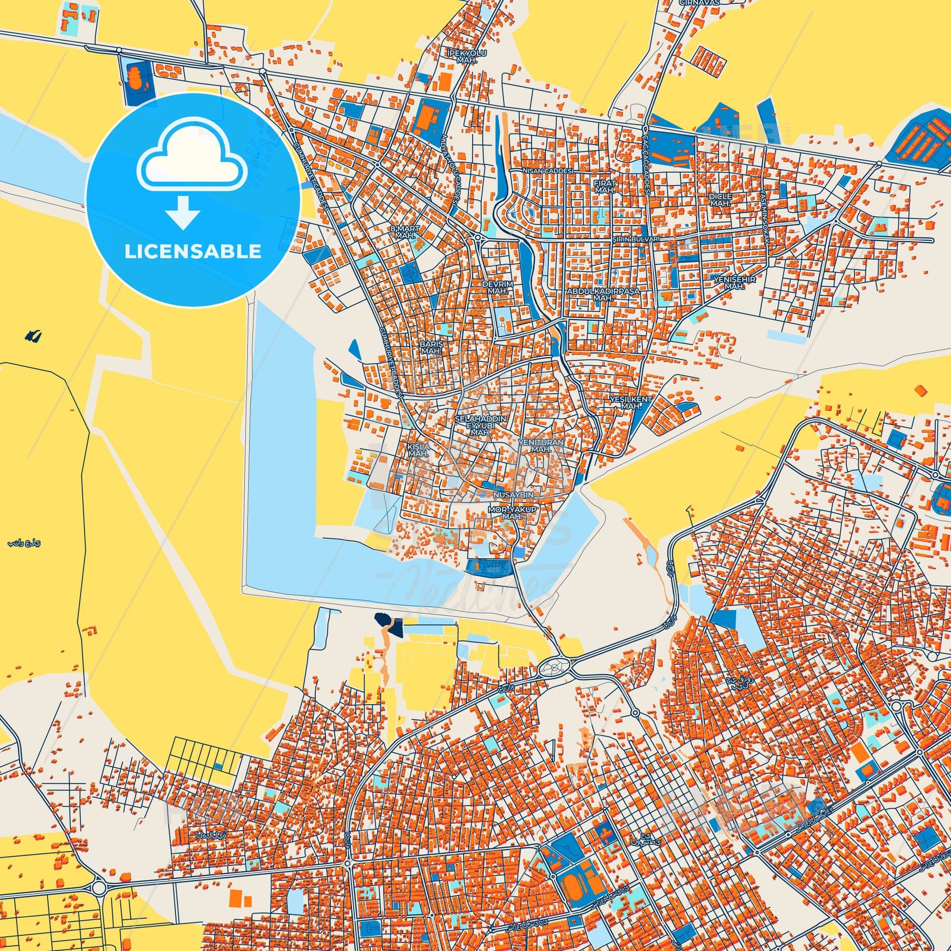 Colorful Nusaybin Street Map with Labels and Buildings