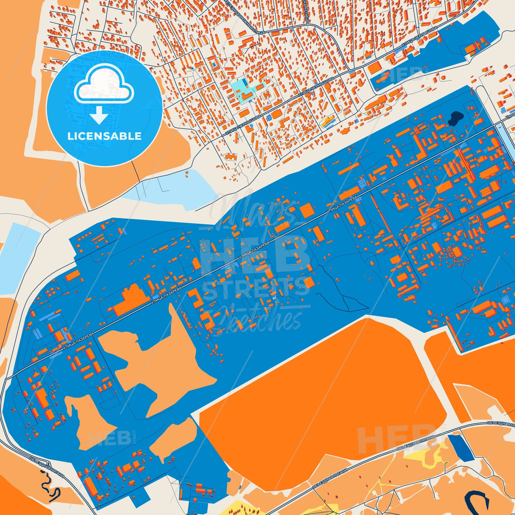 Colorful Nyagan Street Map with Labels and Buildings