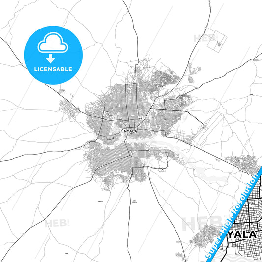 Nyala, Sudan light map with streetnames, citynames and districts