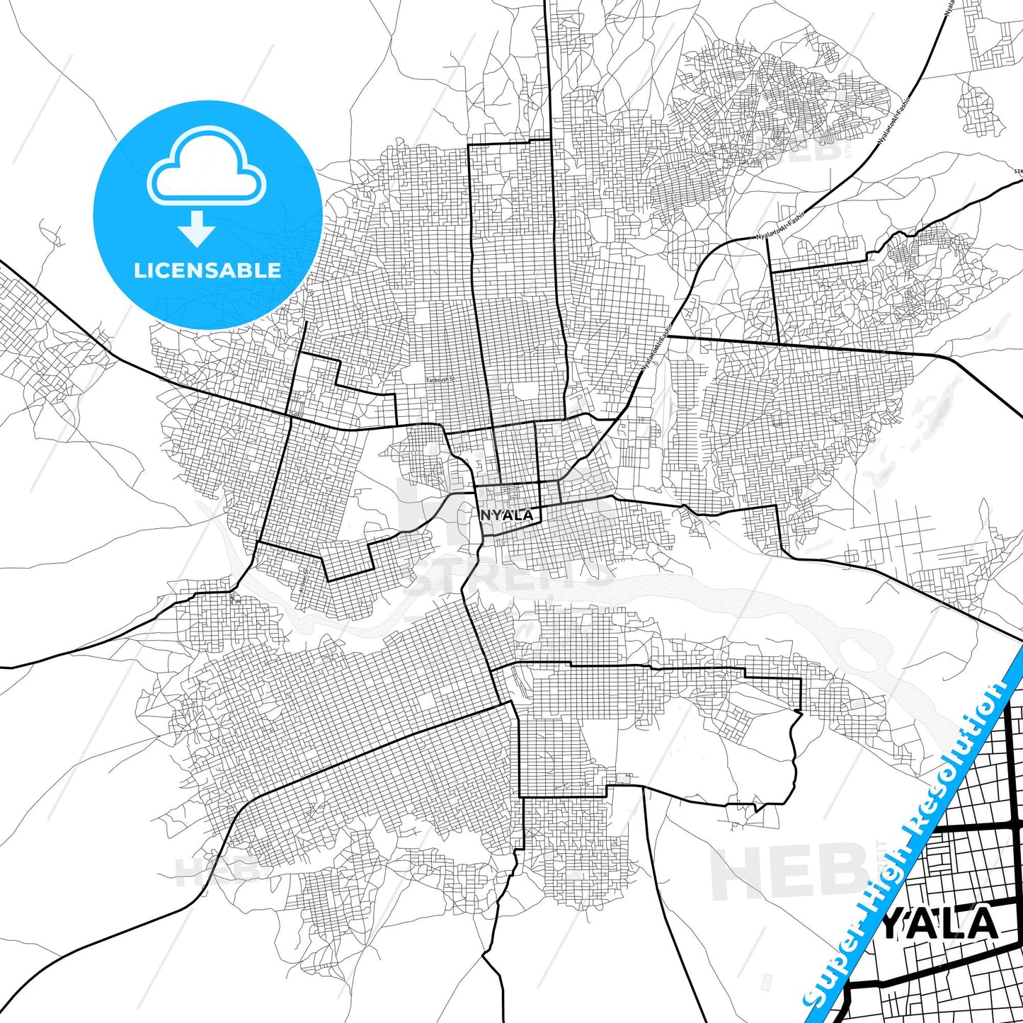 Nyala, Sudan Light Map with Street Names, City Names, and Districts