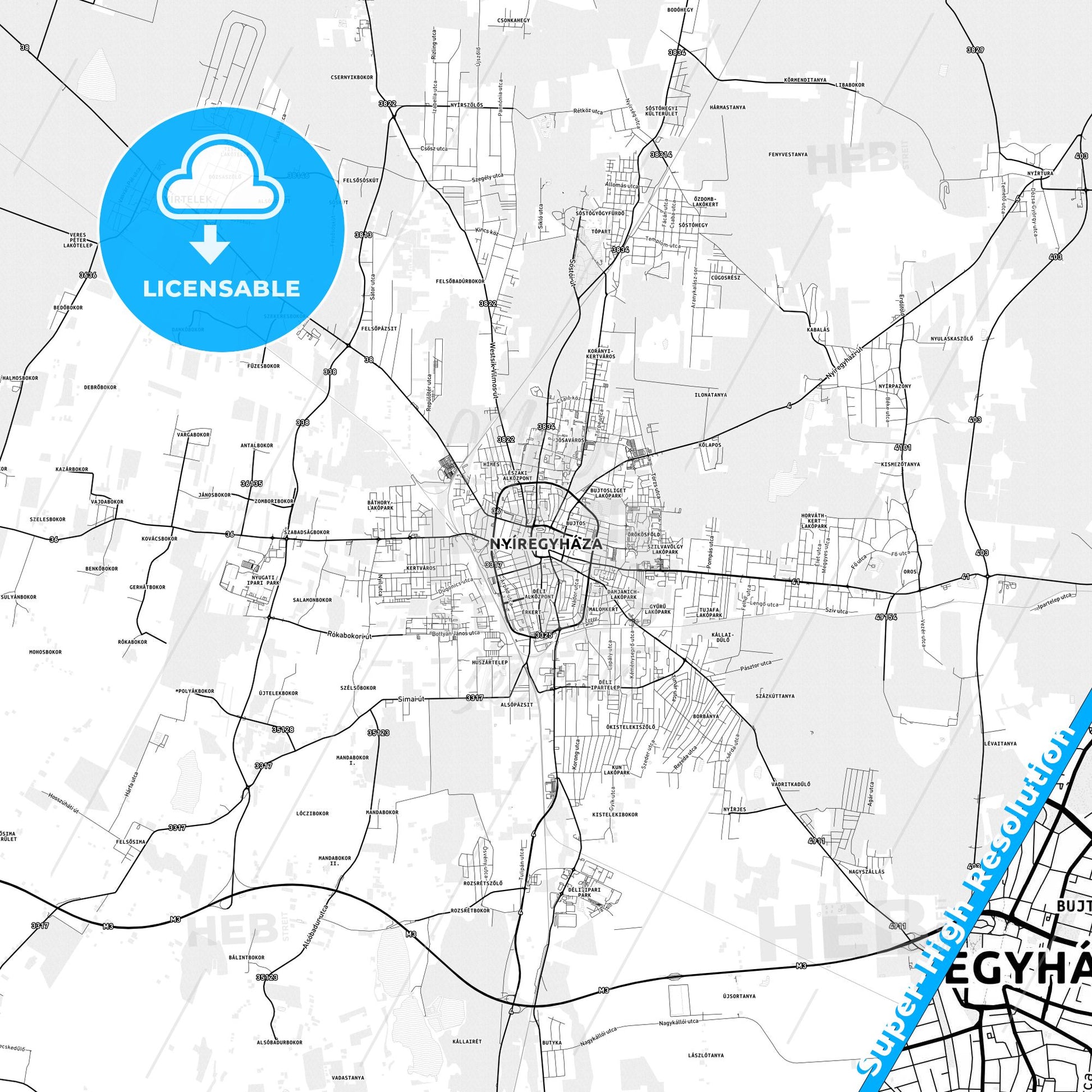 Nyíregyháza, Hungary light map with streetnames, citynames and districts