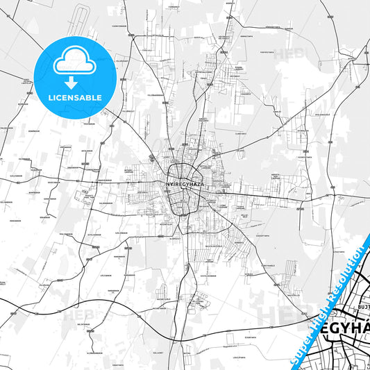 Nyíregyháza, Hungary light map with streetnames, citynames and districts