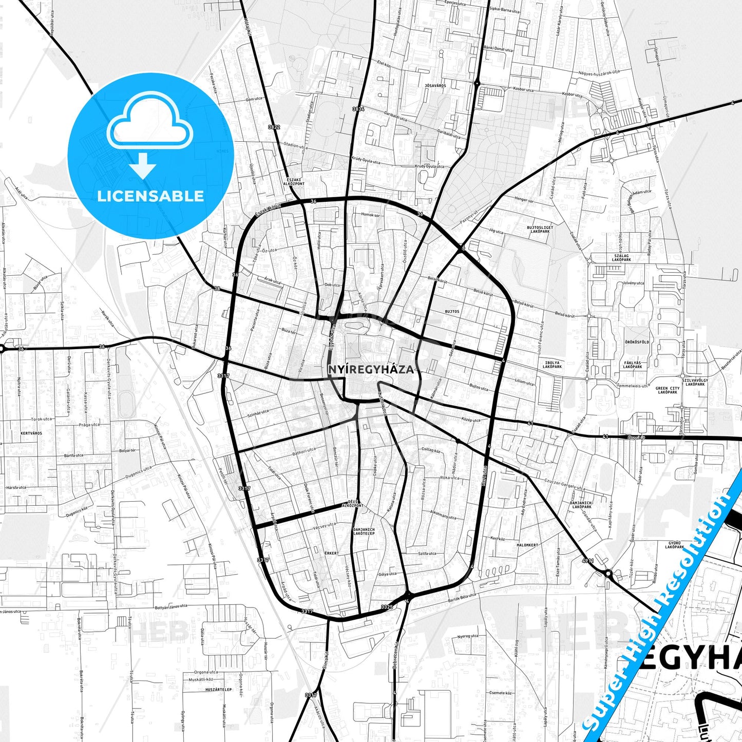 Nyíregyháza, Hungary Light Map with Street Names, City Names, and Districts