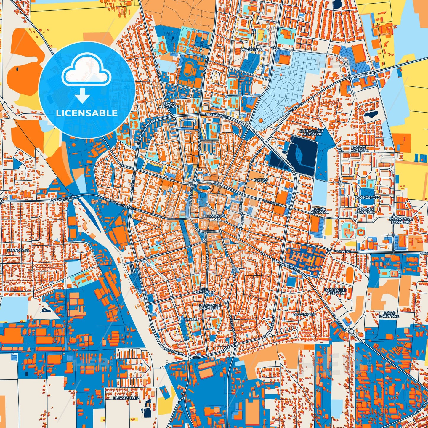 Colorful Nyíregyháza Street Map with Labels and Buildings