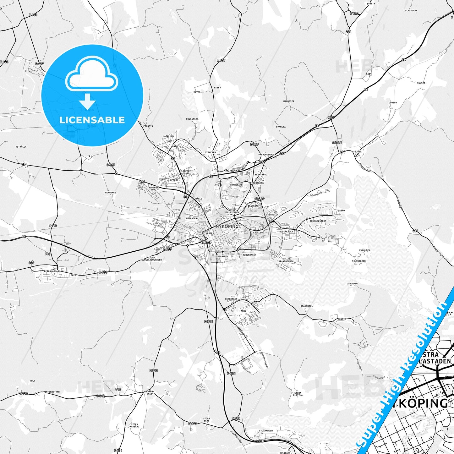 Nyköping, Sweden light map with streetnames, citynames and districts