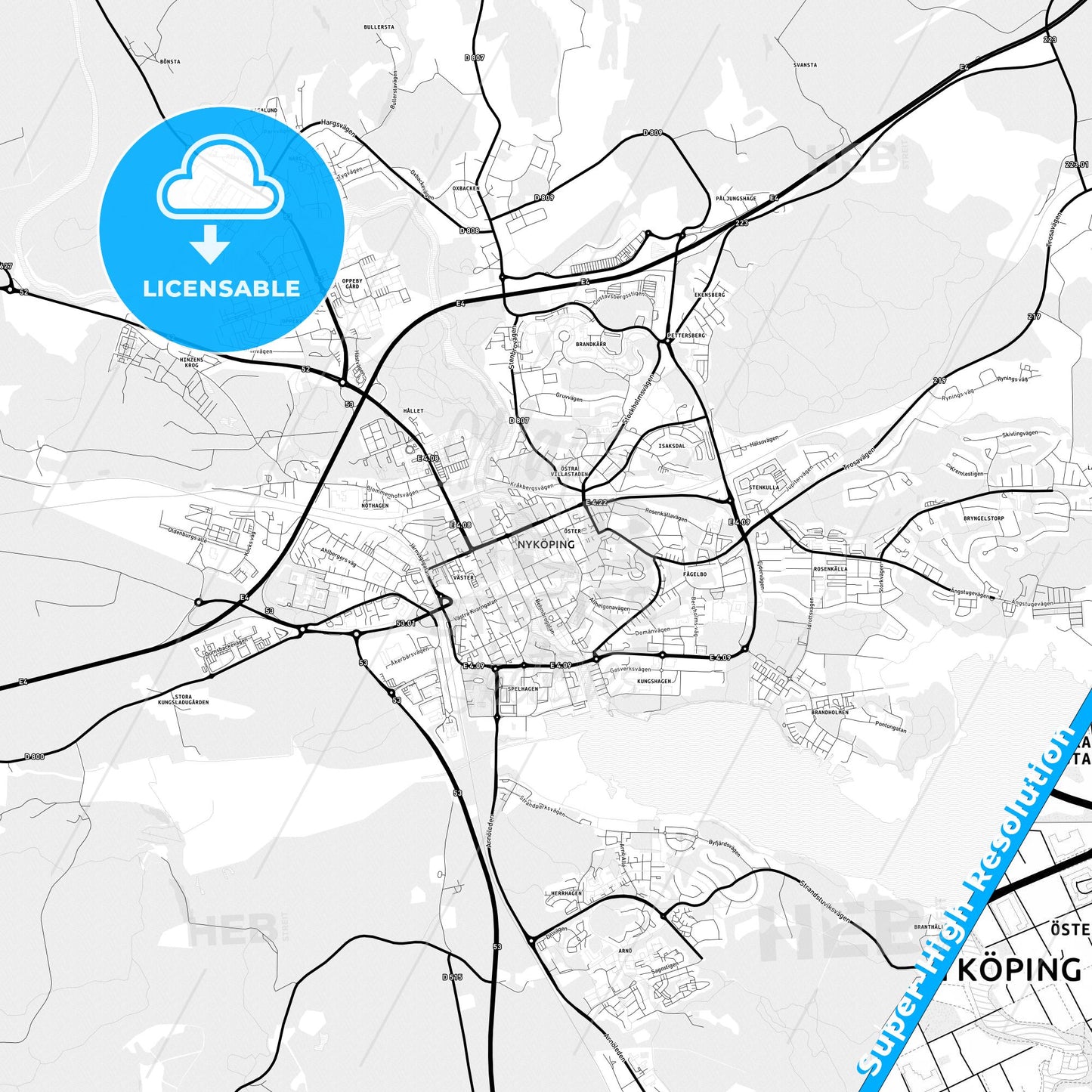 Nyköping, Sweden Light Map with Street Names, City Names, and Districts