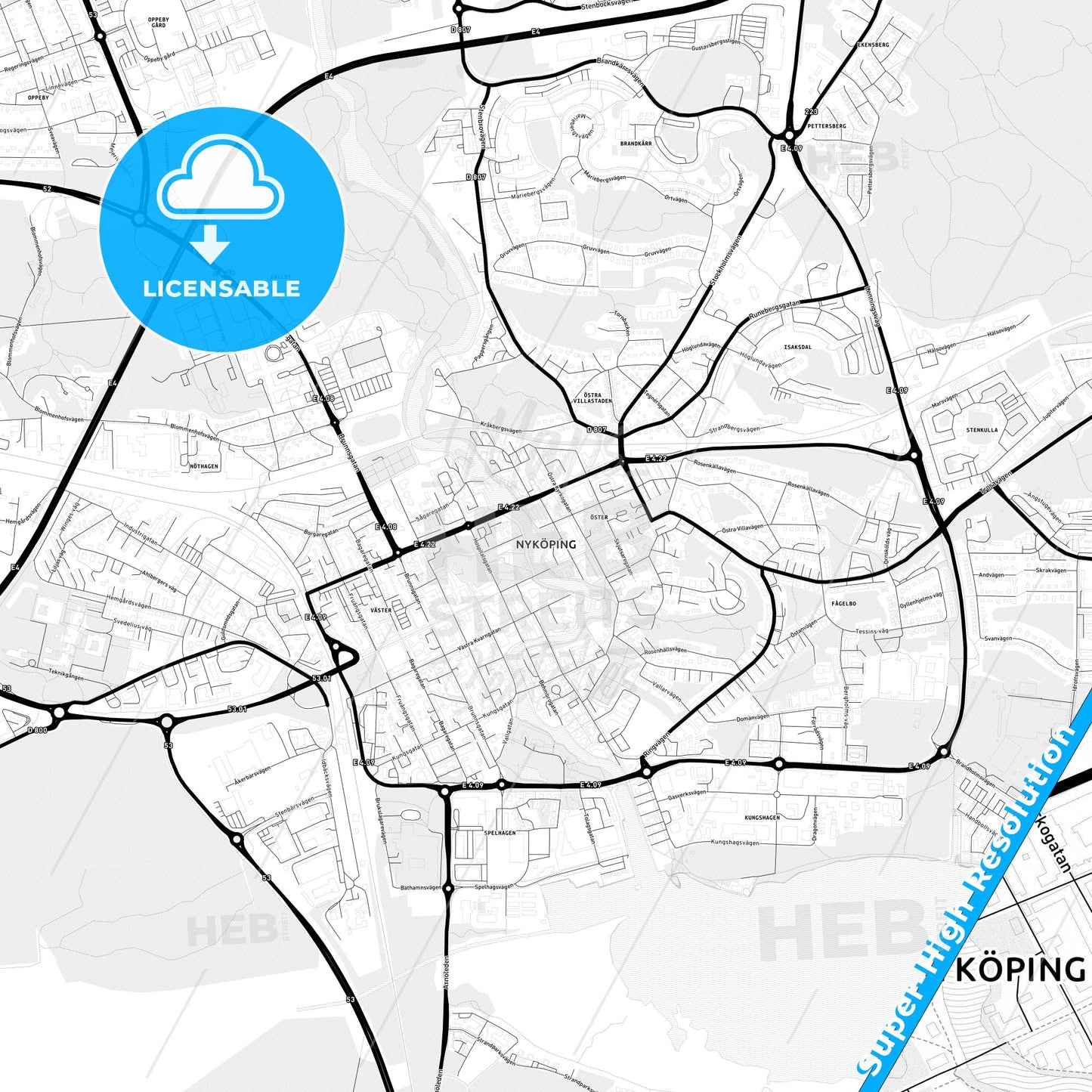 Nyköping, Sweden Light Map with Street Names, City Names, and Districts