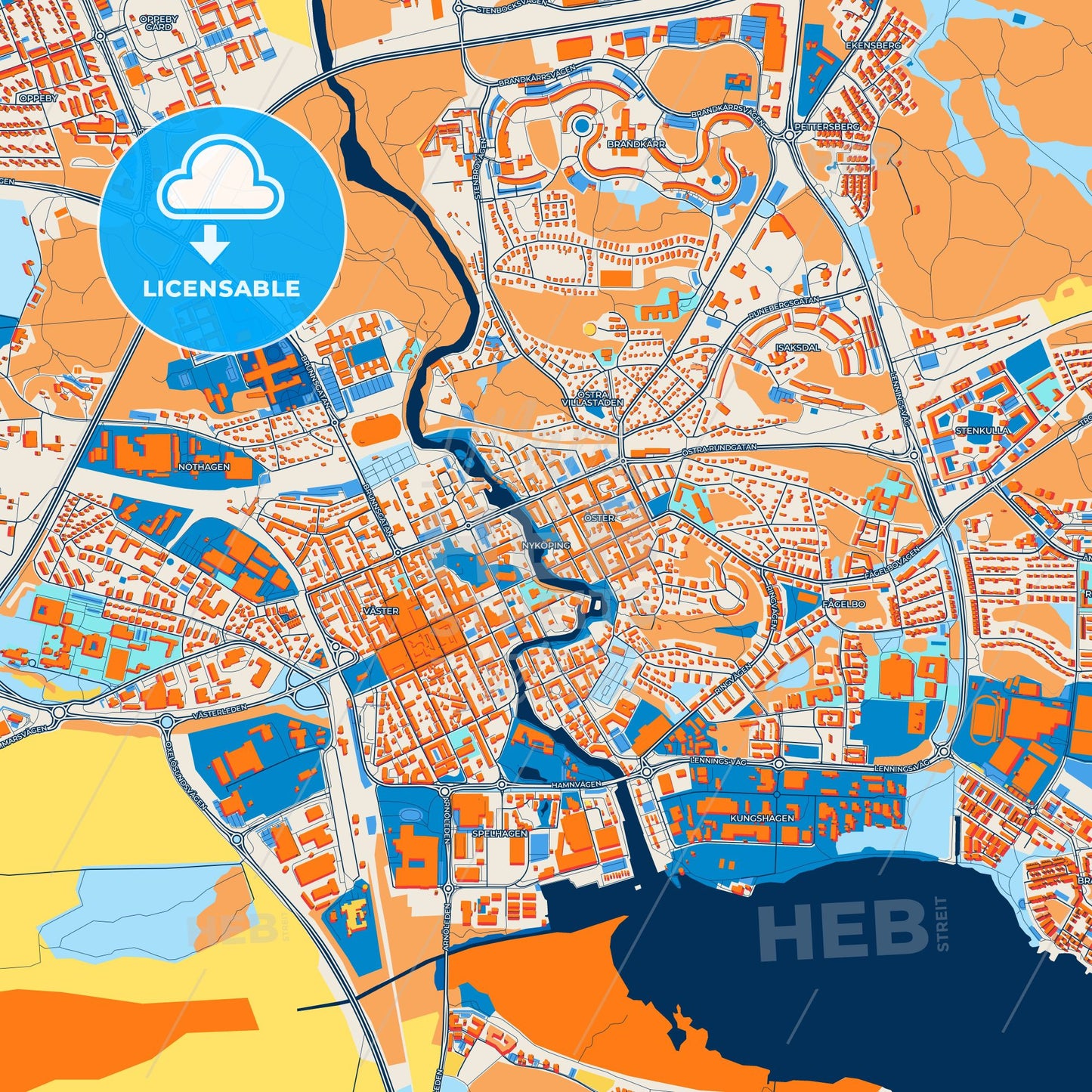 Colorful Nyköping Street Map with Labels and Buildings