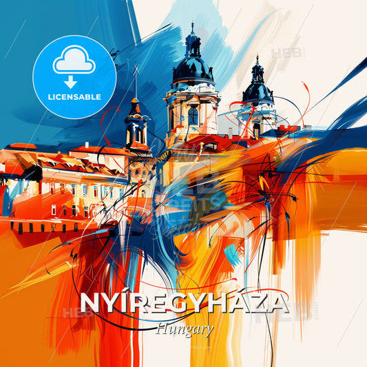 Vibrant Nyíregyháza, Hungary - A Painting Of A Building With Towers And A Blue And White Background - Square format print template